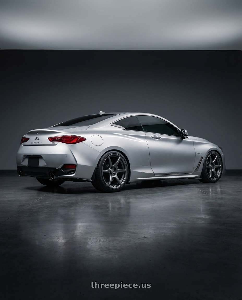 2020 Infiniti Q60 with Kansei K11G Tandem 5x114.3 19x9.5 12 Gunmetal wheels rear three quarter view square tires