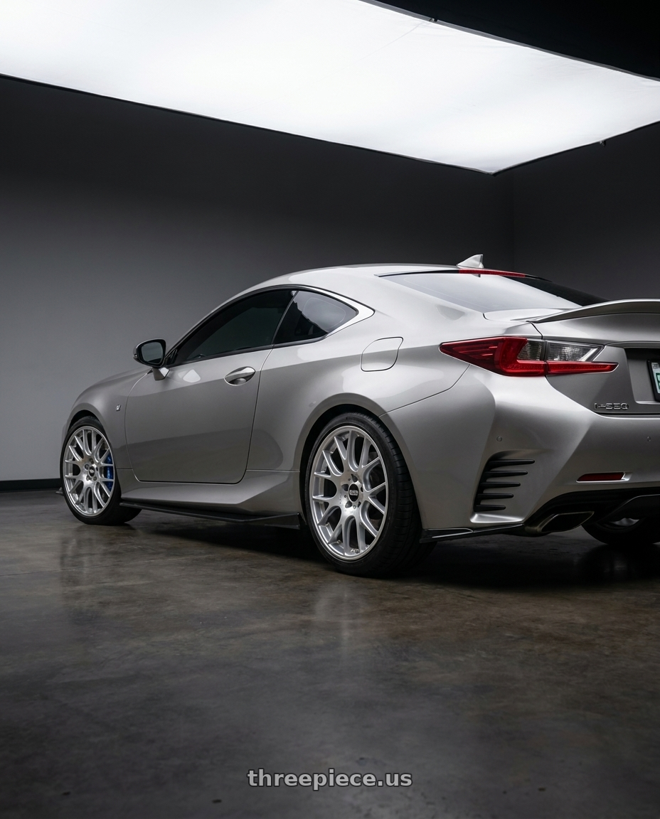 2016 Lexus RC 350 with BBS CH-R 5x120 19x8.5 +32 Brilliant Silver Polished Rim Protector wheels rear three quarter view square tires