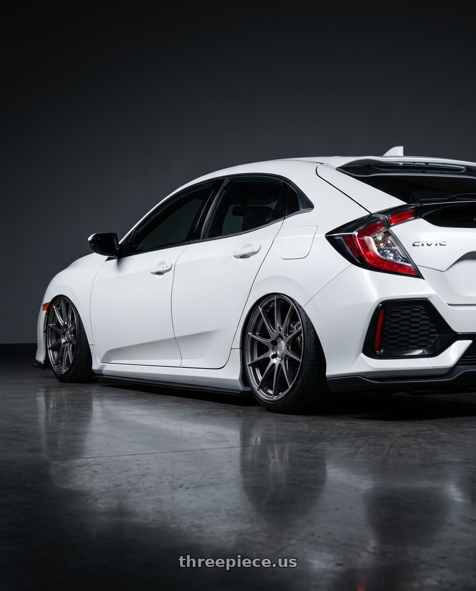 2019 Honda Civic with Aodhan AH09 5x114.3 18x8.5 +35 Hyper Black wheels rear three quarter view slight stretch tires