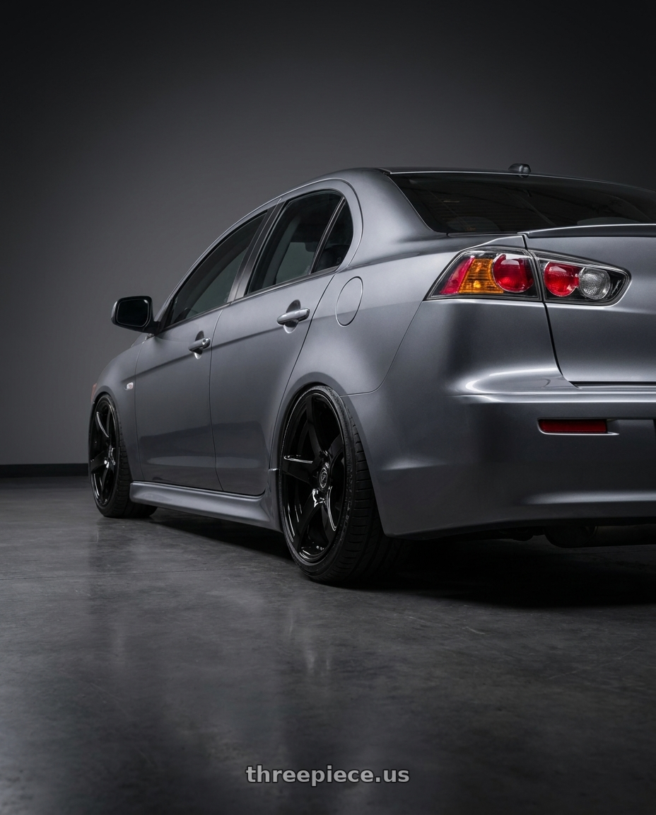 2014 Mitsubishi Lancer Ralliart with Forgestar CF5 5x114.3 18x9 +35 Gloss Black wheels rear three quarter view slight stretch tires