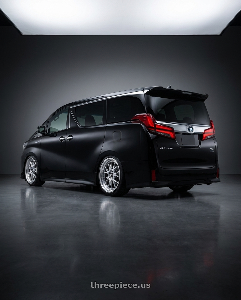 2024 Toyota Alphard black with BBS LM-R 5x120 21x10.0+35 Diamond Silver wheels rear three quarter view slight stretch tires