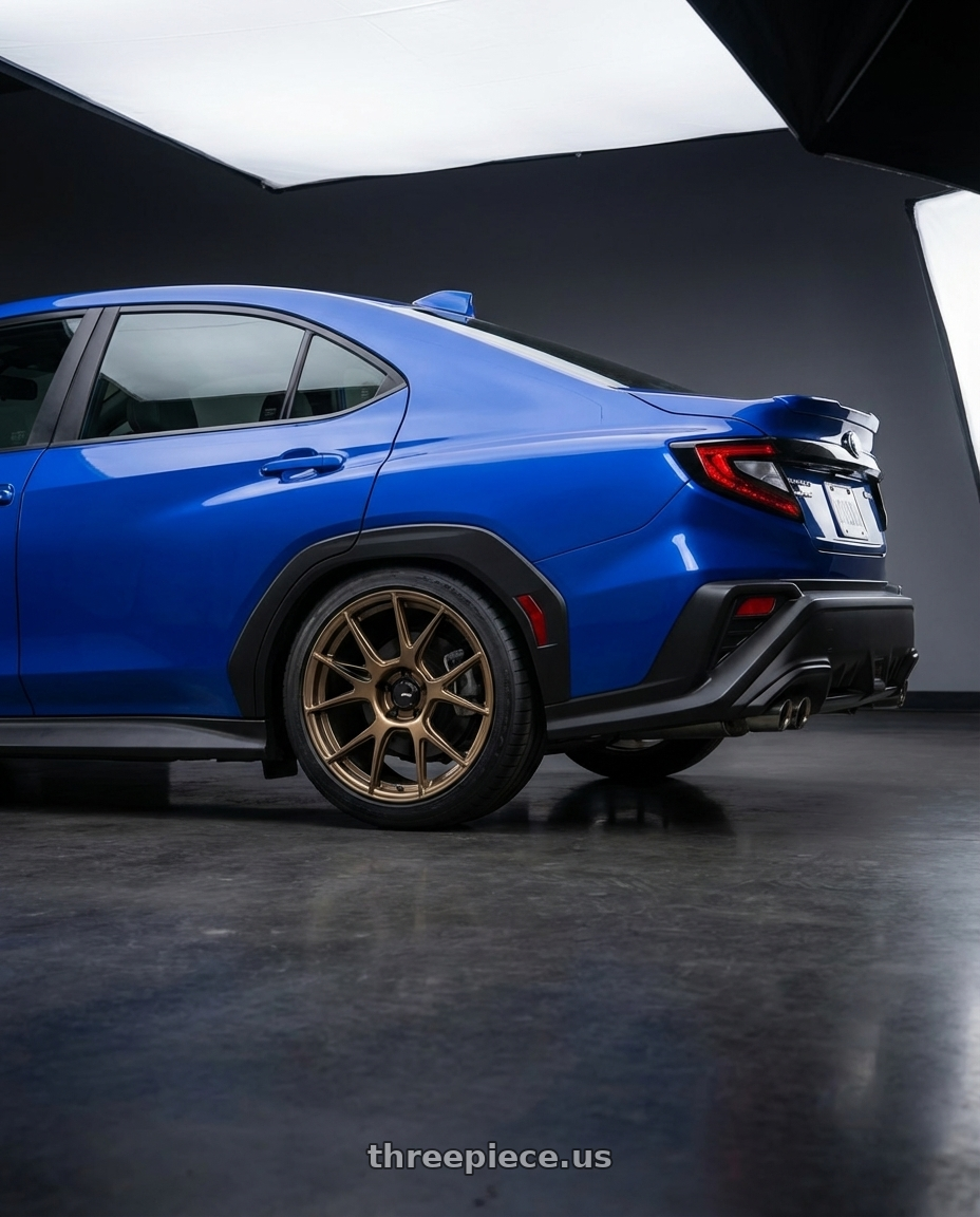 2024 Subaru WRX with Konig Ampliform 5x114.3 18x9.5+25 Gloss Bronze wheels rear three quarter view square tires