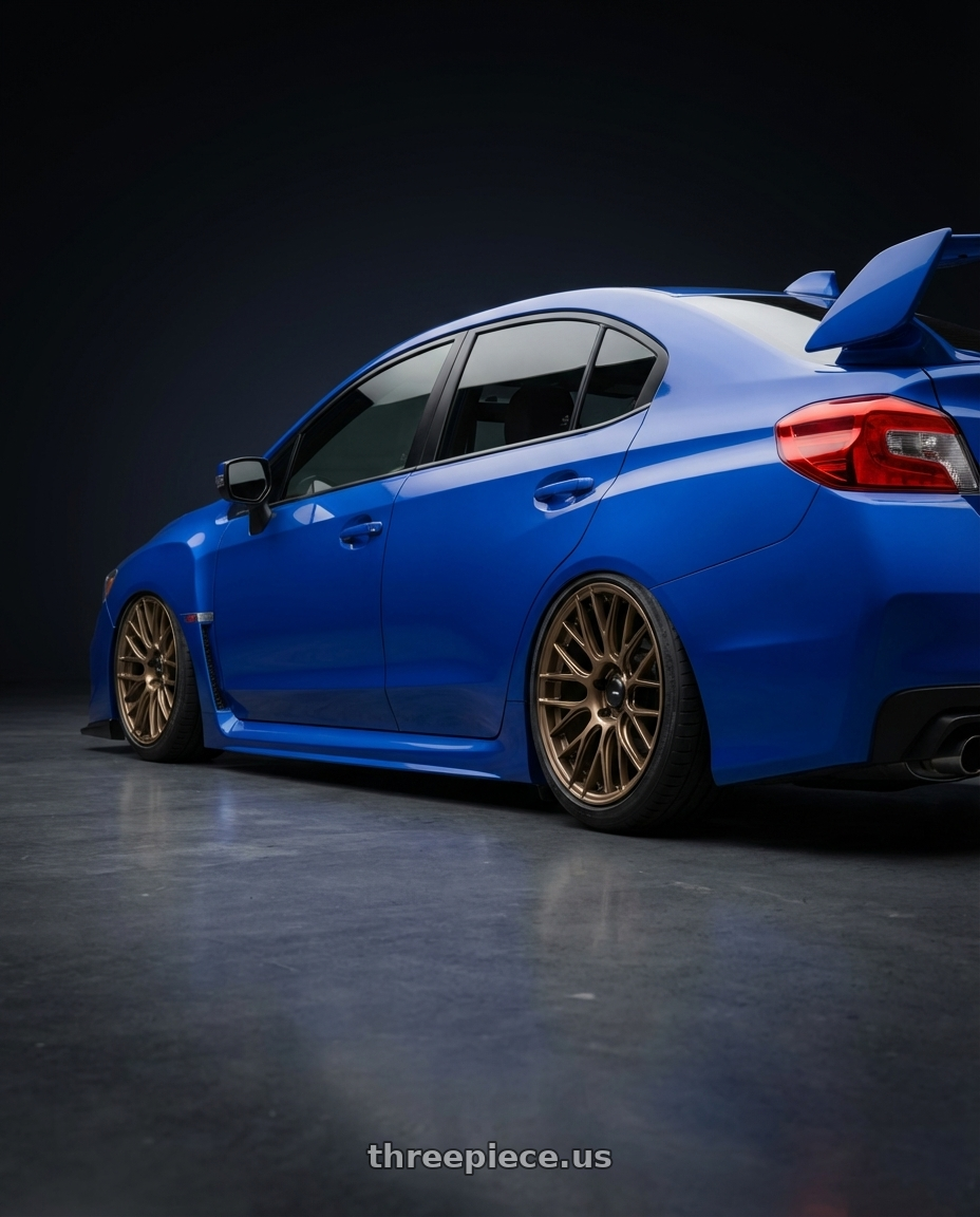 2013 Subaru WRX STI with Konig Ampliform 5x114.3 18x8.5+35 Gloss Bronze wheels rear three quarter view slight stretch tires