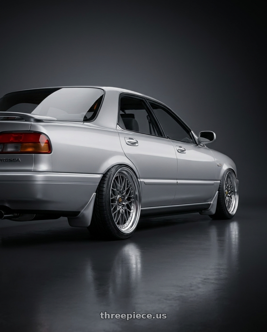 1990 nissan presea  with Work Vs-Xv 5x100 18x7+28 A Disk Brilliant Silver Black wheels rear three quarter view slight stretch tires