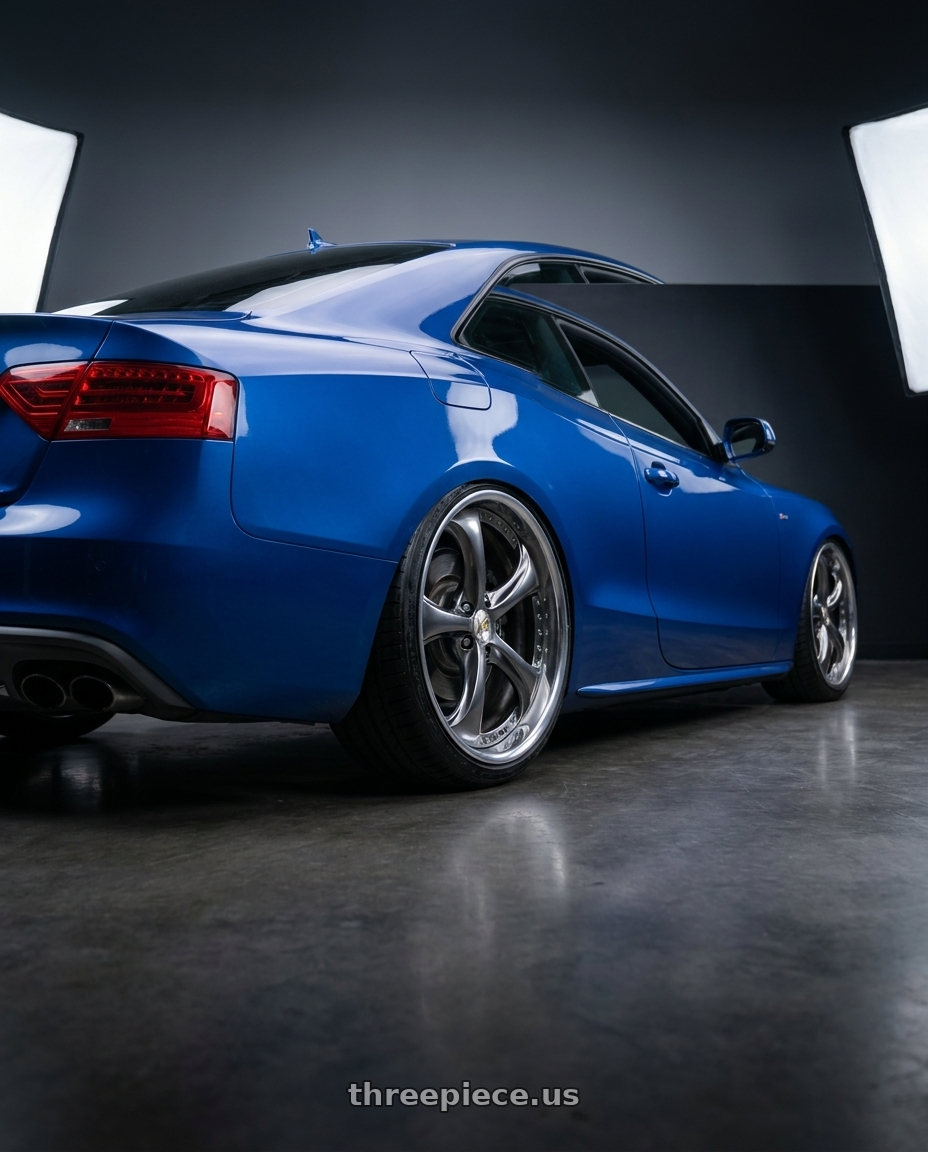 2015 AUDI S5 TECHNIK with Work Wheels VS-KF 5x112 18x8.5+21 Brilliant Silver Black A Disk FULL REVERSE wheels rear three quarter view slight stretch tires