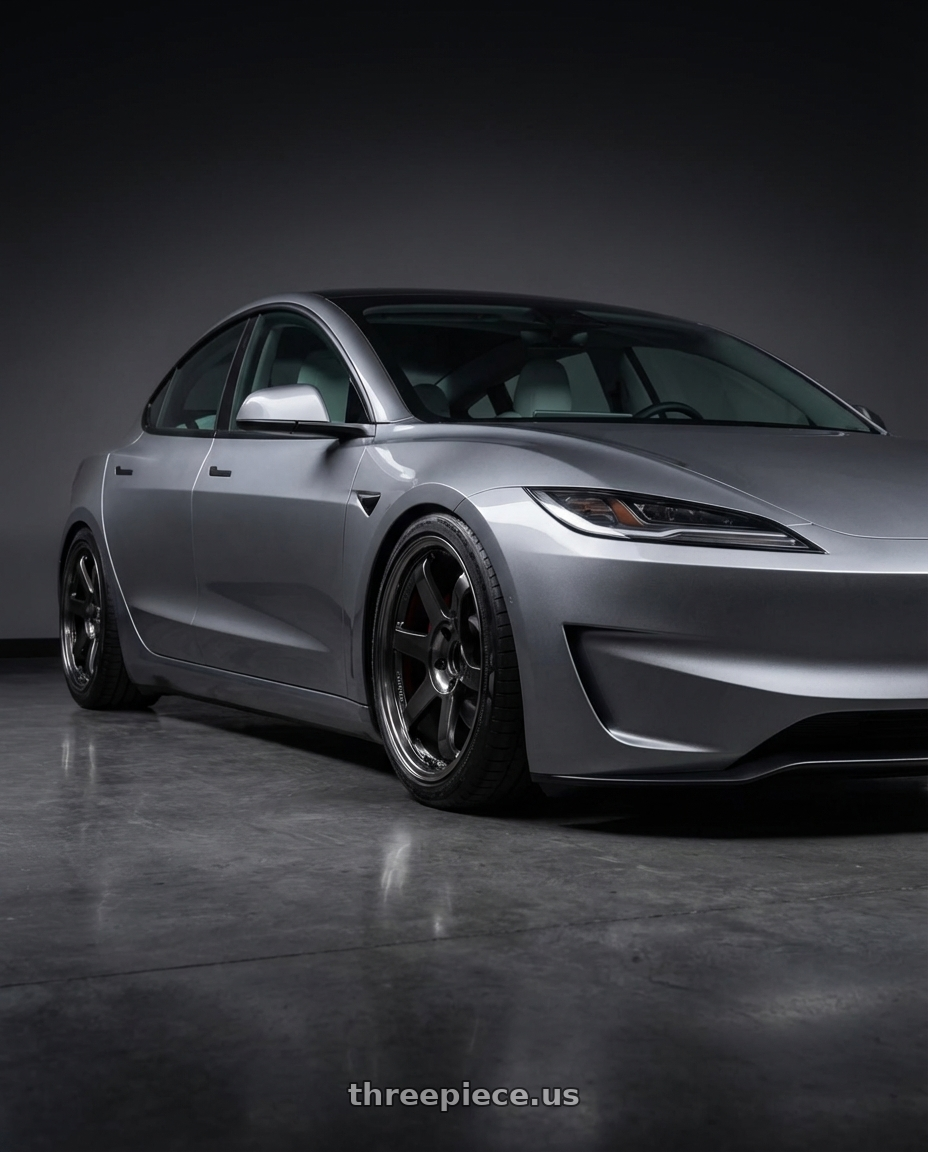 2025 Tesla model 3, grey with Volk Racing TE37SL 5x114.3 19x10.5+12 Pressed Double Black wheels