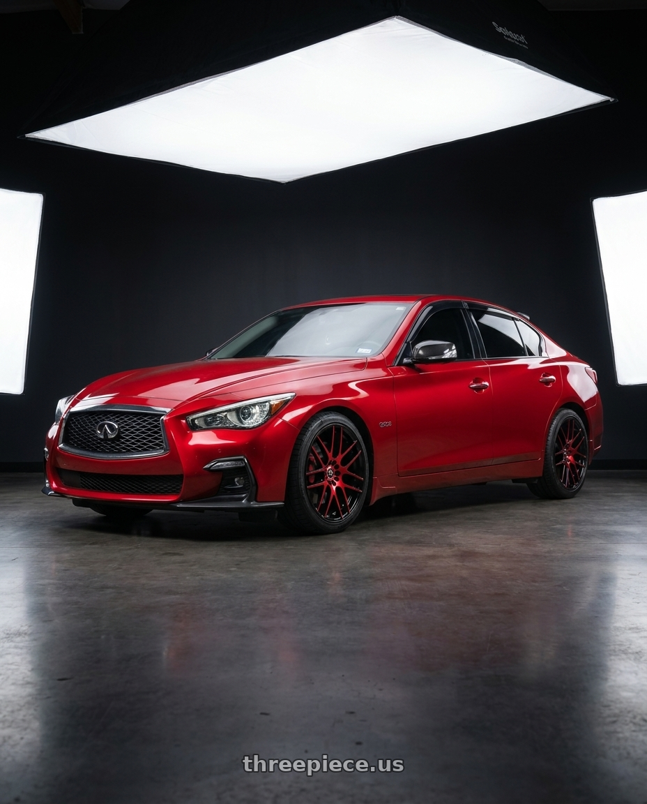 2022 infiniti Q50S with Spec-1 SP-65 5x114.3/5x120 20x8.5 +38 Gloss Black & Red Machined wheels