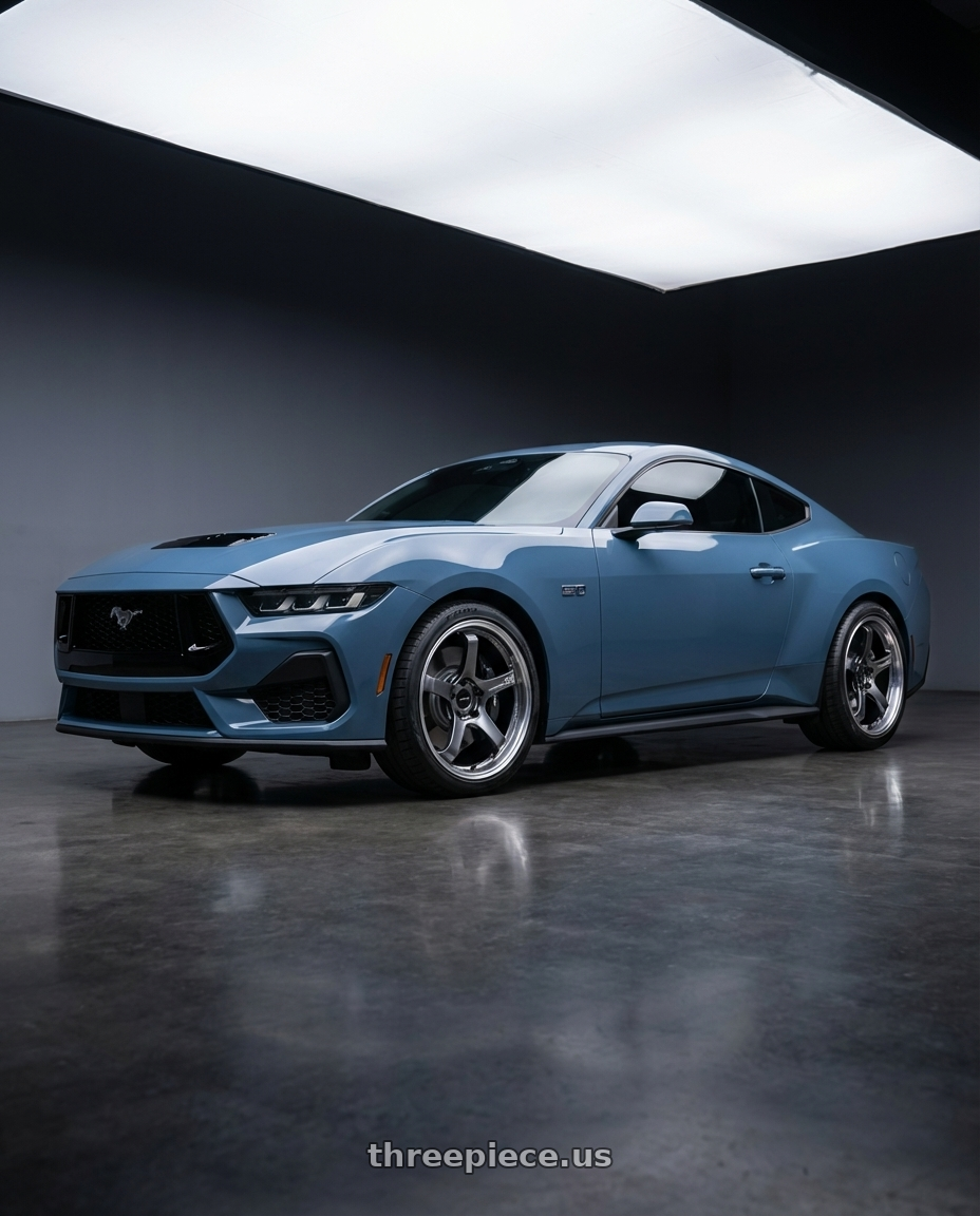 2024 Ford Mustang GT with Advan Racing GT BEYOND 5x114.3 19x9.5 +38 MACHINING & HYPER PLATINUM BLACK wheels front three quarter view stock stance