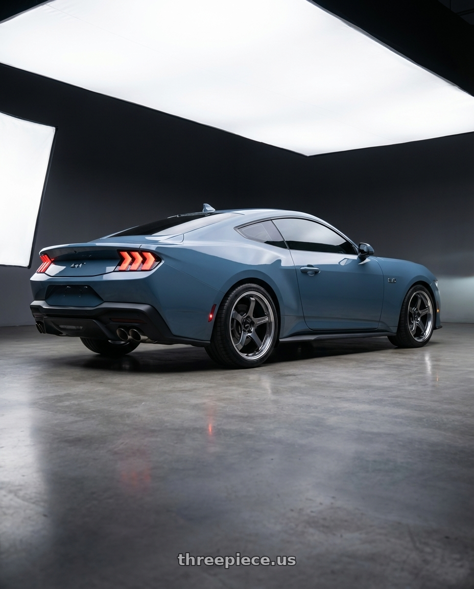 2024 Ford Mustang GT with Advan Racing GT BEYOND 5x114.3 19x9.5 +38 MACHINING & HYPER PLATINUM BLACK wheels rear three quarter view square tires