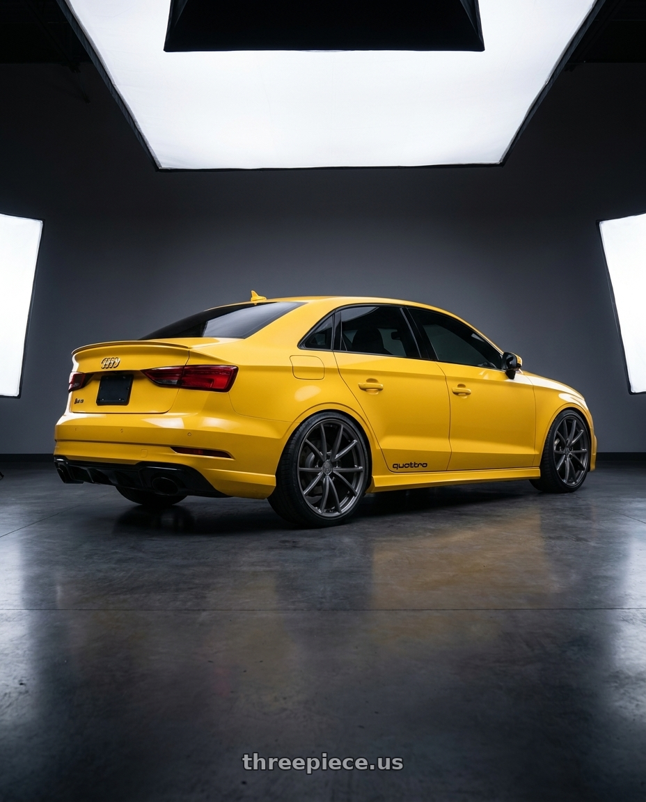 2017 Audi RS3 with Volk Racing NE24 5x112 19x11 +35 MATTE GUNBLACK wheels rear three quarter view slight stretch tires
