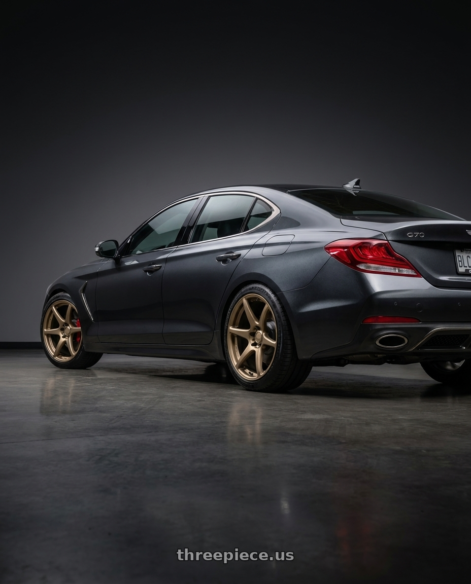 2019 Genesis G70 with Kansei K11B Tandem 5X100 18x9.5 22 Bronze wheels rear three quarter view slight stretch tires