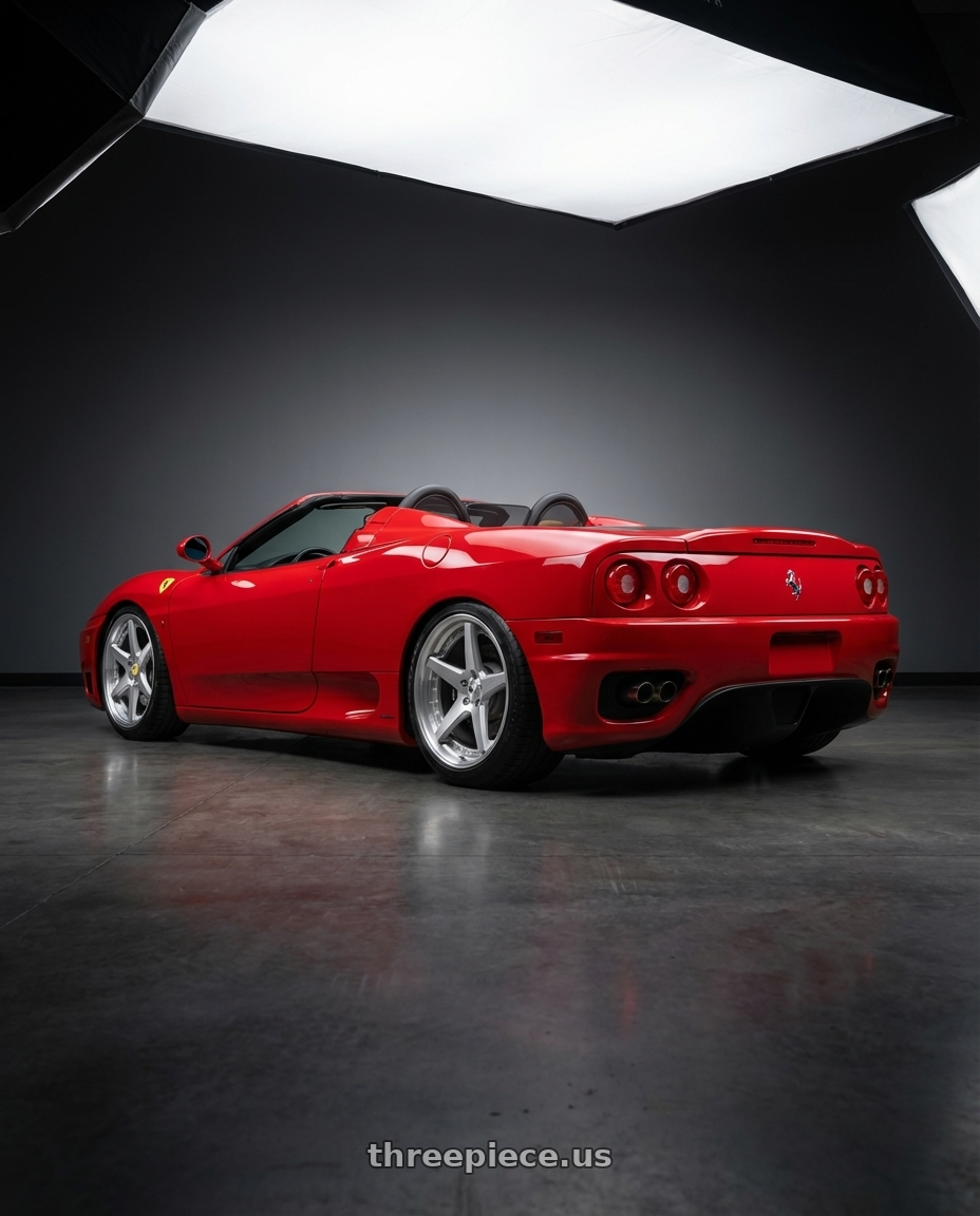 2004 Ferrari 360 Modena Spider with Work Zeast St1 5x100 18x8.5+12 R Disk Brush Silver Clear wheels rear three quarter view square tires