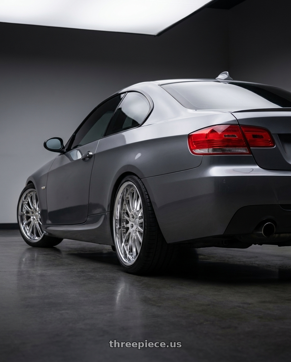 2009 e92 335i m sport highline coupe, space grey with Coventry WHITLEY 5X120.65 19X9.5 +20 CHROME wheels rear three quarter view square tires