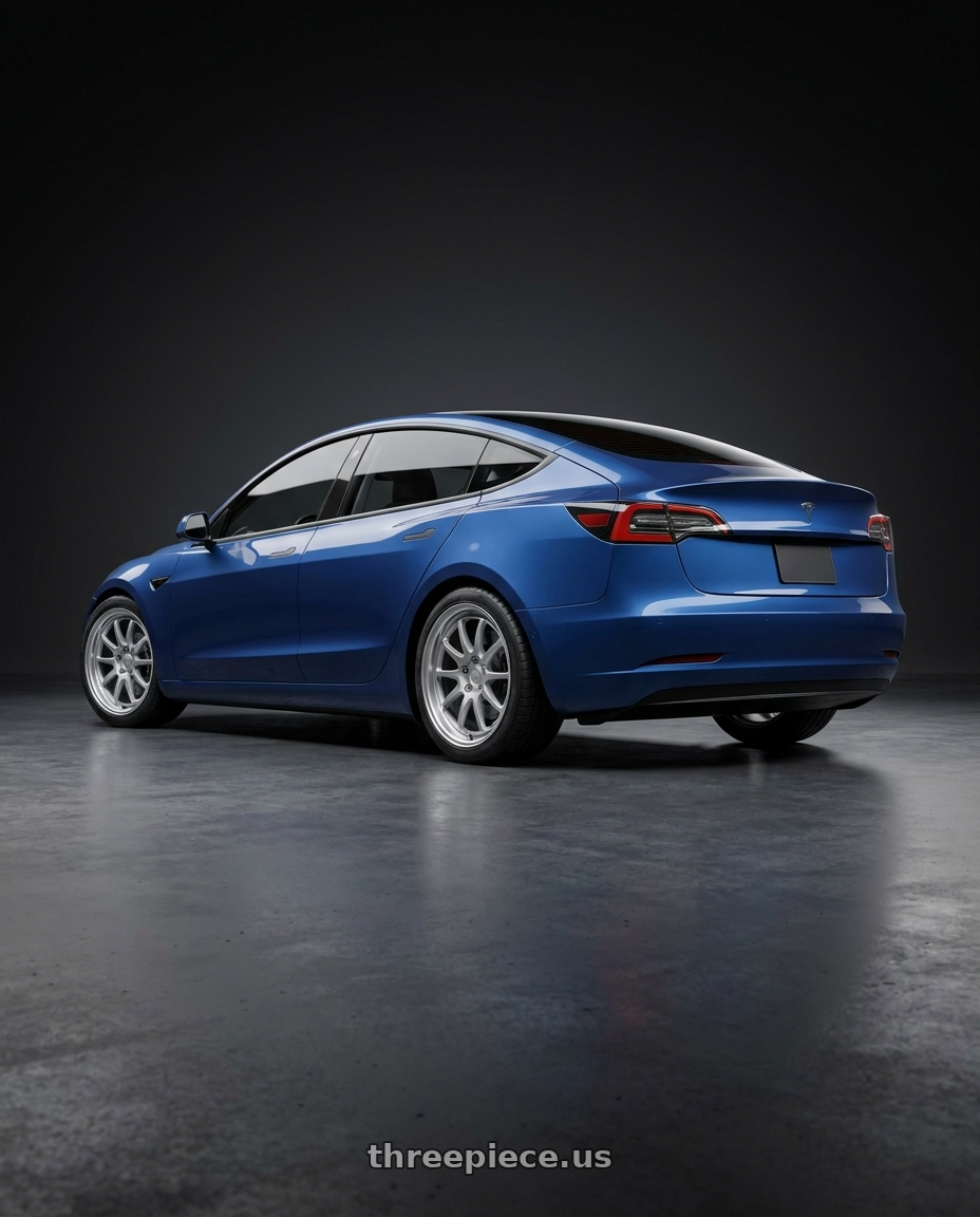 2022 Tesla Model 3 Long Range with Work Seeker Cx 4x100 16x6.5+12 L Disk Matte Silver Polish wheels rear three quarter view square tires