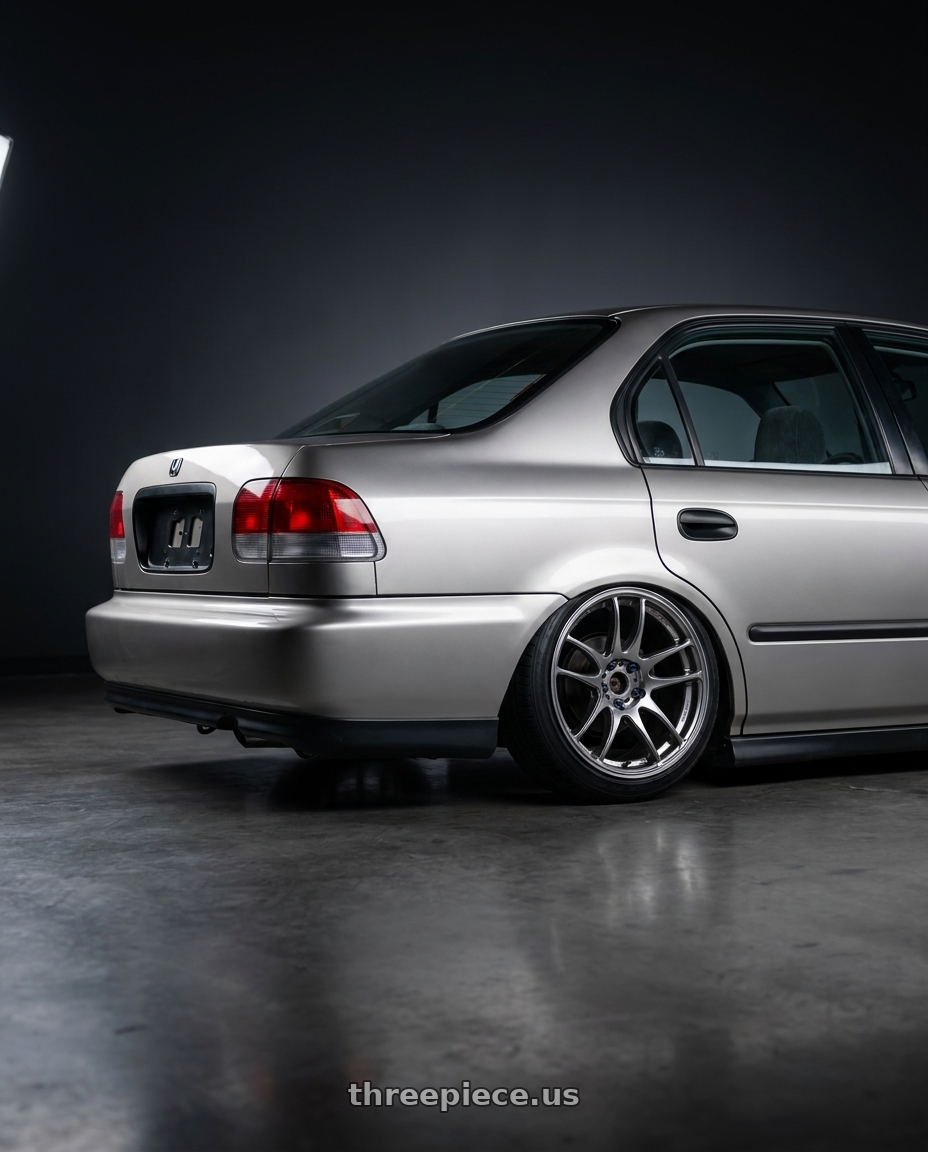 2000 honda civic dx sedan with Work Emotion Cr Kiwami 4x100 16x6.5 +42 Gt Silver wheels rear three quarter view slight stretch tires