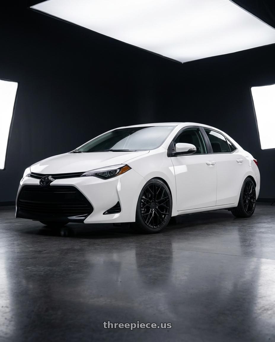 2018 Toyota Corolla with KATANA RACING KR01 5x100 17x7.5 +40 Matte Black wheels front three quarter view lowered stance