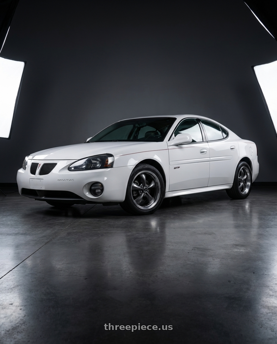 2004 Pontiac grand Prix white with American Racing AR105 TORQ THRUST M 5X120.65 17X9 +45 ANTHRACITE W/ MACHINED LIP wheels
