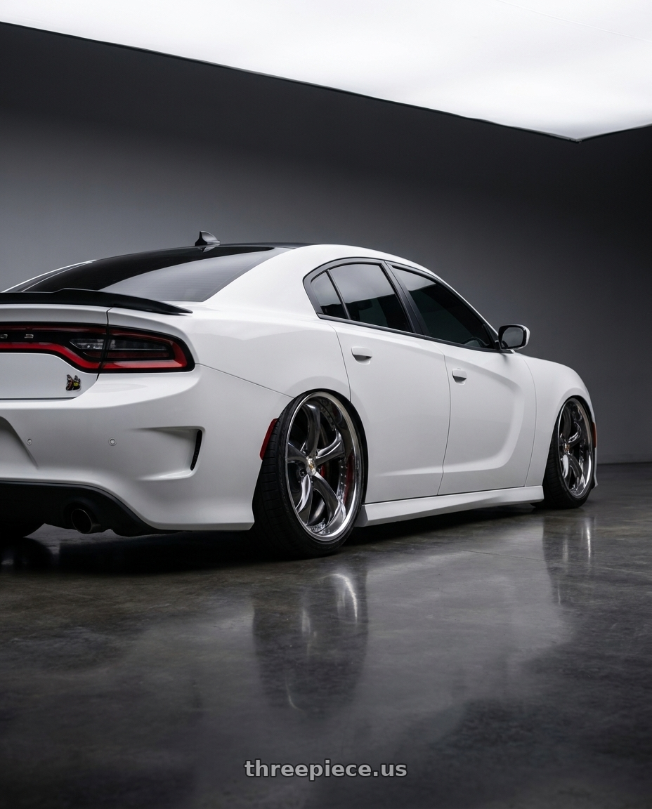 2021 Dodge Charger ScatPack with Work Wheels VS-KF 5x114.3 20x11+66 Brilliant Silver Black A Disk FULL REVERSE wheels rear three quarter view slight stretch tires