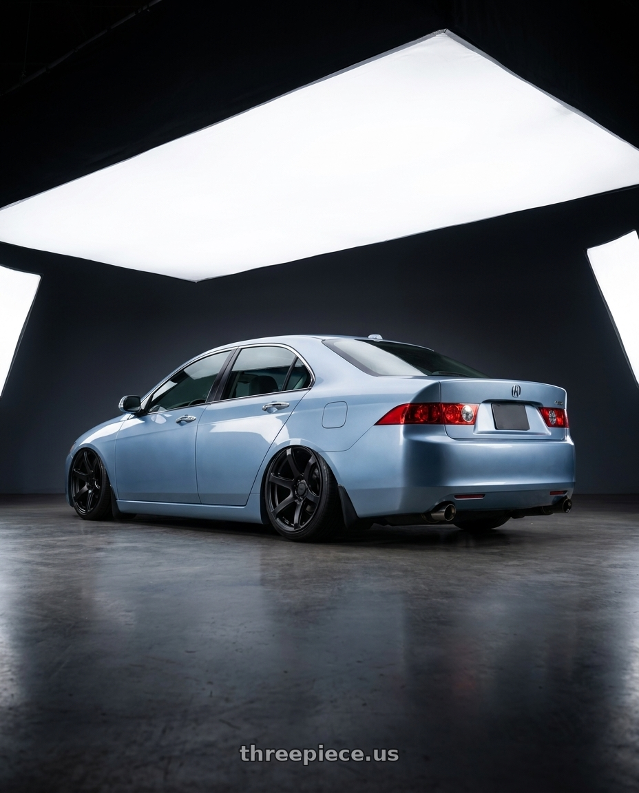 2005 Acura tsx with Enkei Cyclone 6x135 18x9+12 Matte Black wheels rear three quarter view slight stretch tires