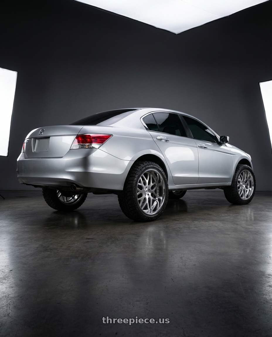 BMW SD 2020 with Amani Allora 5x112/5x120 22x10 +38 Brush Center Chrome Lip wheels rear three quarter view meaty tires