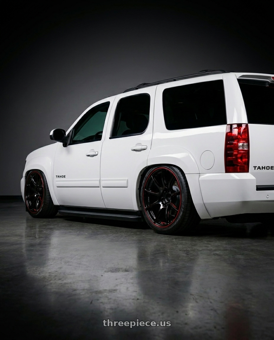 2011 Chevy Tahoe  with Gram Lights 57Trans-X Rev Limit Edition 6x139.7 20x9.5+25 wheels rear three quarter view slight stretch tires