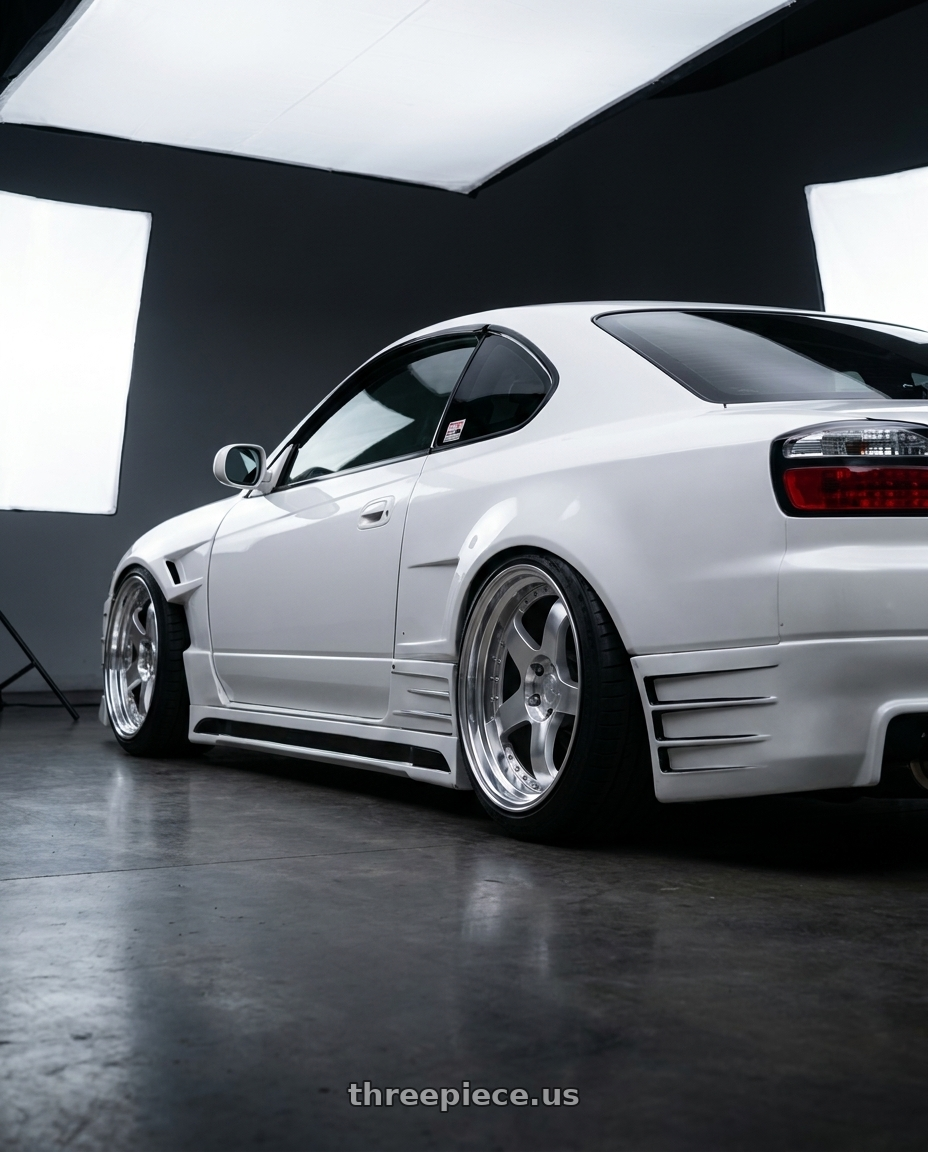 2000 Nissan s15 with Aodhan AH03 5x114.3 19x9.5+22 Silver w/Machined Face wheels rear three quarter view square tires