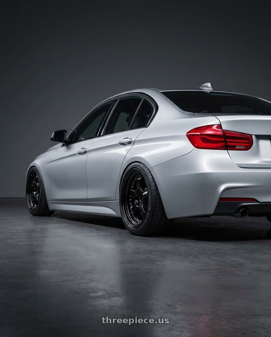 2017 BMW 340i with Work Meister S1 3P 5x120 18x8.5+35 L Disk Black wheels rear three quarter view meaty tires