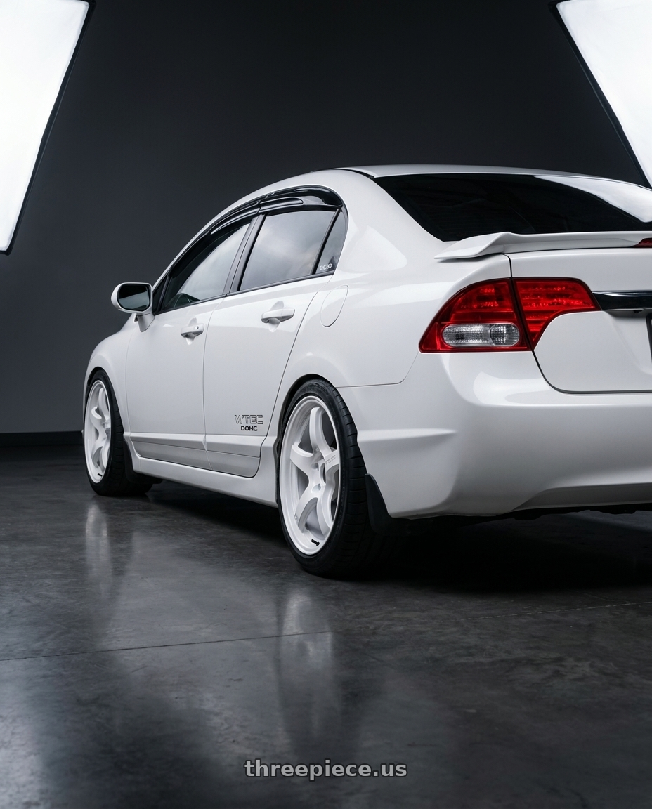 2008 Honda Civic SI with Gram Lights 57CR 5x114.3 18x10.5 +12 CERAMIC WHITE PEARL wheels rear three quarter view square tires