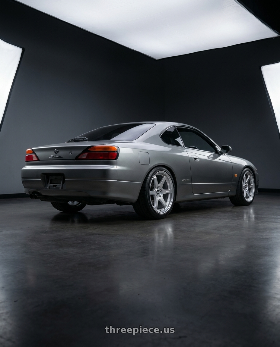 2001 Nissan Silvia S15 with ESR Wheels APEX SERIES AP6 5x114.3 18x9.5 +35 Hyper Silver wheels rear three quarter view square tires