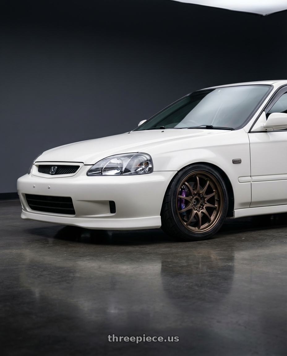1999 Honda Civic Vi-RS with Volk Racing CE28N 5x114.3 18x8.5 +30 BRONZE wheels front three quarter view lowered stance