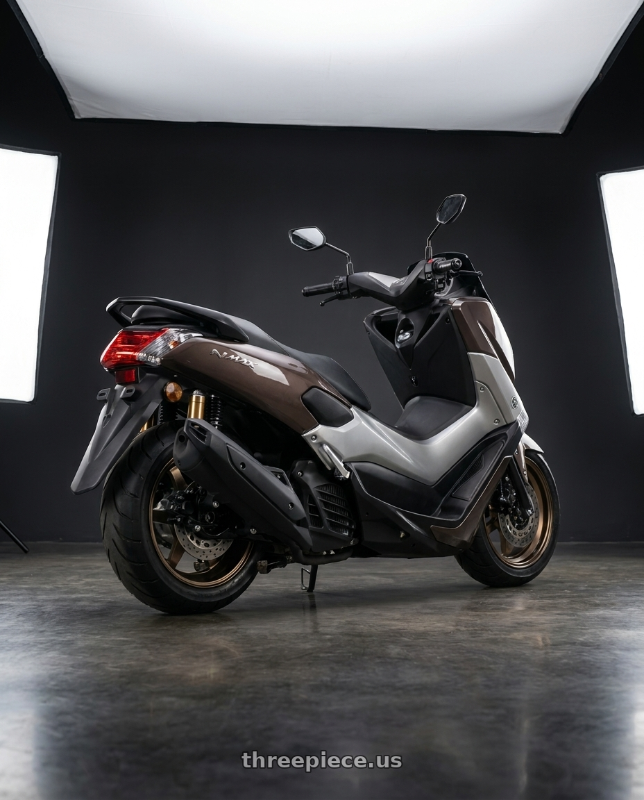 2026  yamaha Nmax with Volk Racing 21C 5x112 18x10.5 +30 BRONZE wheels rear three quarter view meaty tires