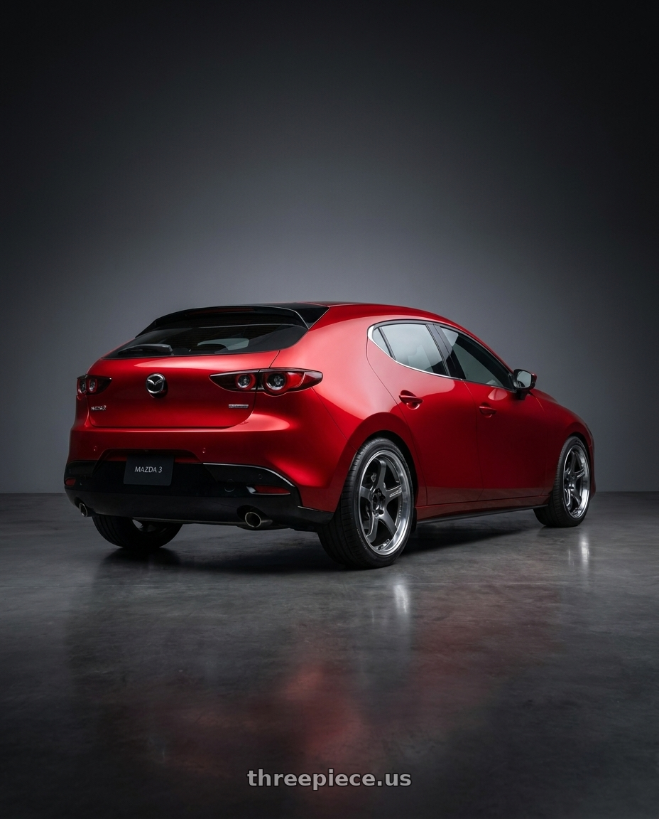 2024 Mazda 3 with Advan Racing GT BEYOND 5x114.3 19x9.0 +43 MACHINING & HYPER PLATINUM BLACK wheels rear three quarter view slight stretch tires
