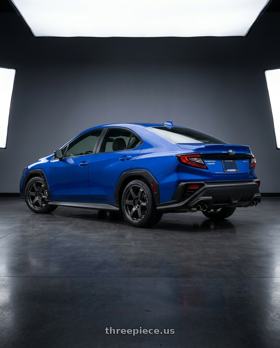2023 Subaru WRX with Volk Racing TE37 Saga S-Plus 5x114.3 18x8.5+35 Diamond Dark Gunmetal wheels rear three quarter view square tires