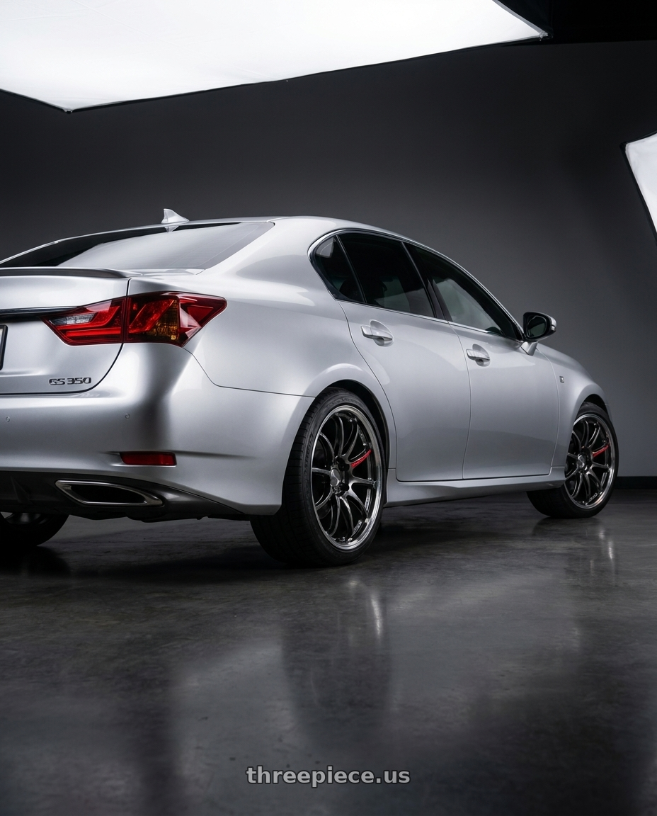 2014 Lexus GS350 F sport with Work Emotion Zr10 5x114.3 19x9.5 +38 Glim Black Diamond Rim cut wheels rear three quarter view square tires