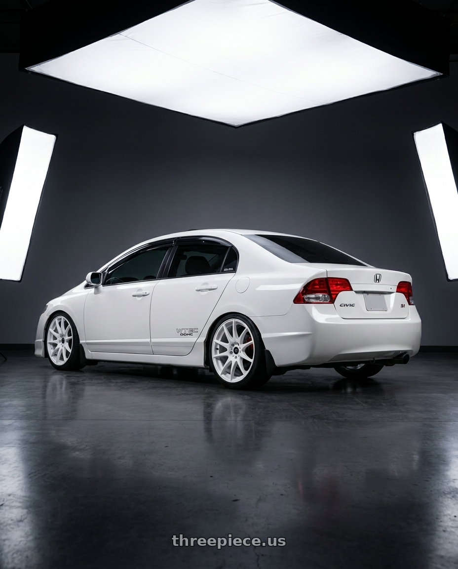 2008 Honda Civic SI with MST Wheels MT30 5x114.3 17x9.0 +30 Full Glossy White wheels rear three quarter view square tires