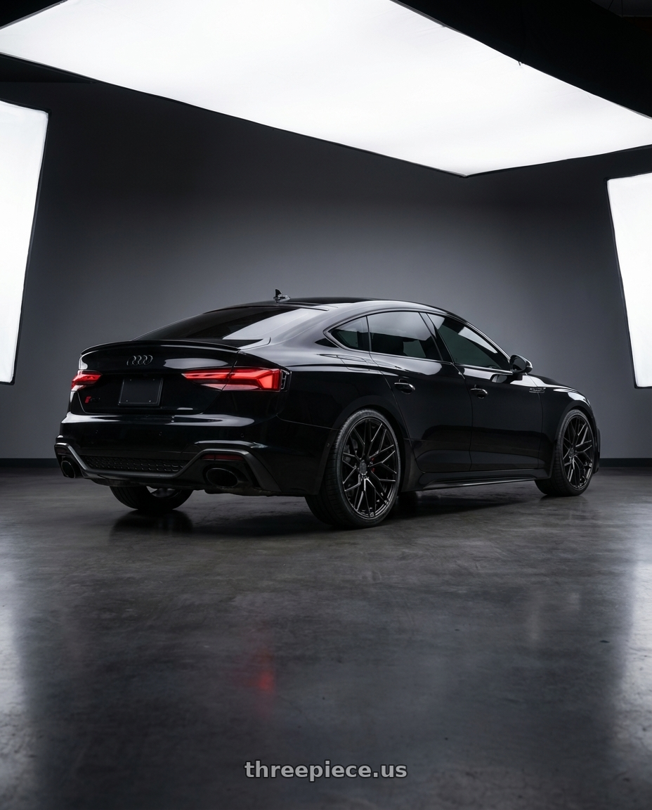 2022 Audi RS5 with Avant Garde Wheels M520R 5X112 20x9 +32 Gloss Black wheels rear three quarter view square tires