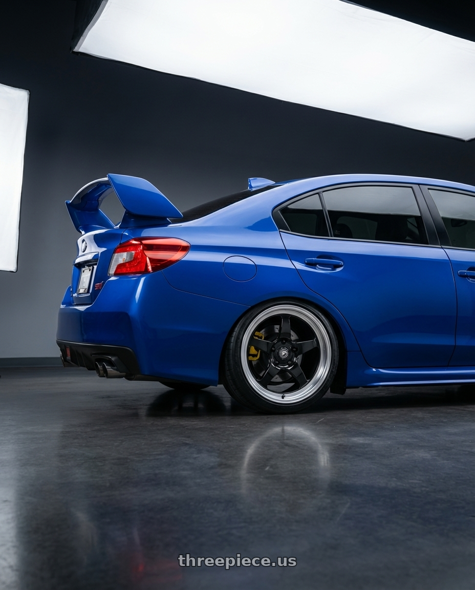 2018 Subaru WRX STI with Forgestar D5 Drag 5x114.3 18x10 +22 Gloss Black Machined wheels rear three quarter view square tires