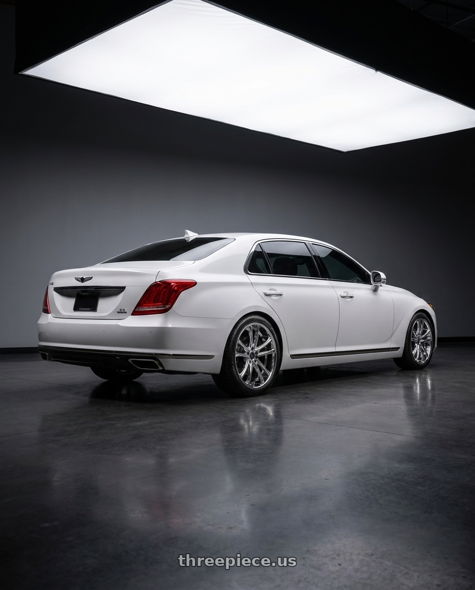 2018 genesis g90 ultimate with Asanti Black ABL-1 PEGASI 5X114.3 20X8.5 +35 CHROME wheels rear three quarter view square tires