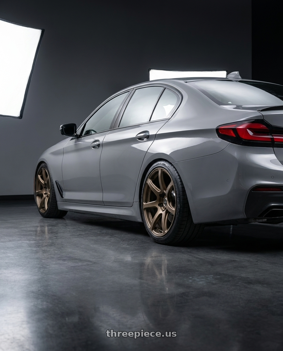 2022 BMW 530i with Work Emotion T7r 5x100 19x9.5 +25 Matte Bronze wheels rear three quarter view square tires