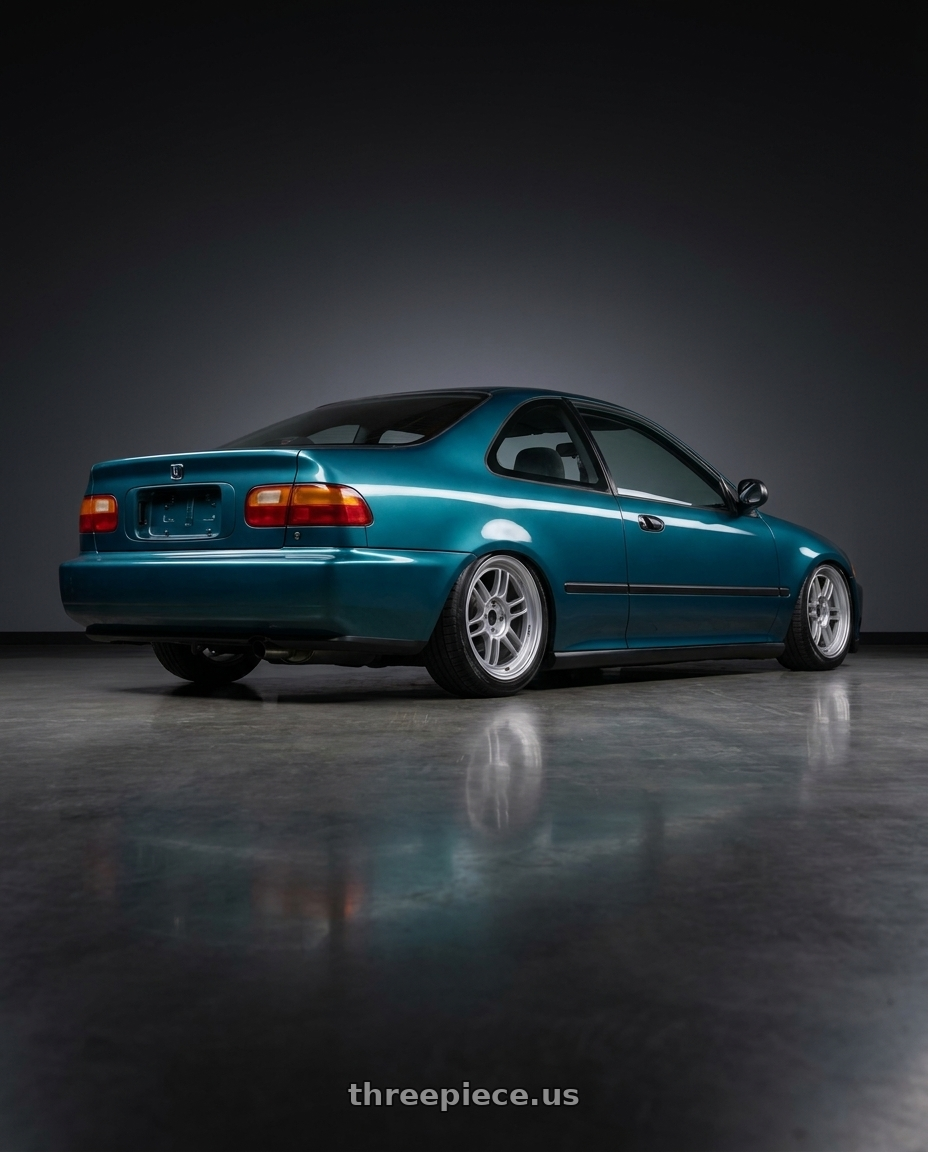 1993 Honda civic ej2 with Enkei RPF1 4x100 16x8+38 Silver wheels rear three quarter view slight stretch tires