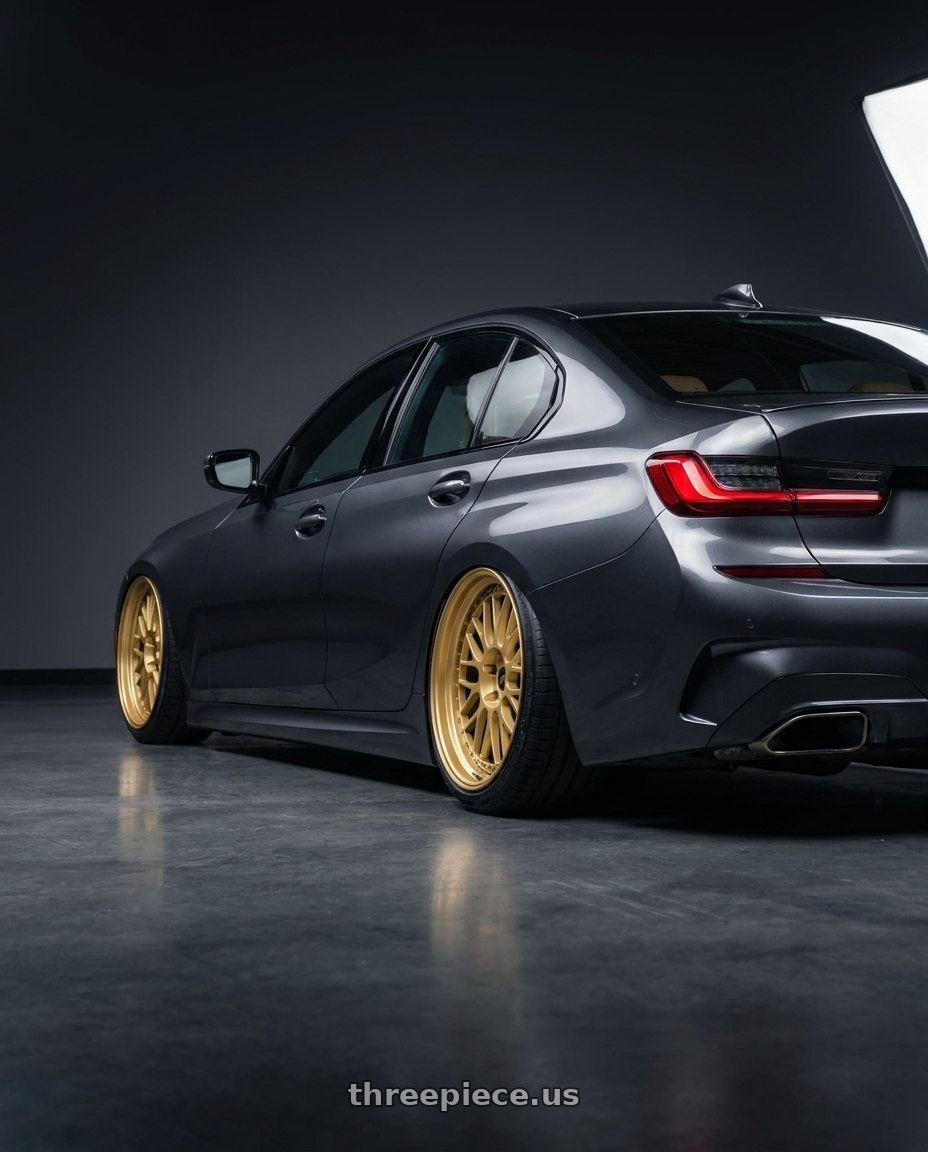 2020 bmw m340i with Work Zistance W10m 5x120 19x11.5+17 w disk Cool Light Silver wheels rear three quarter view slight stretch tires