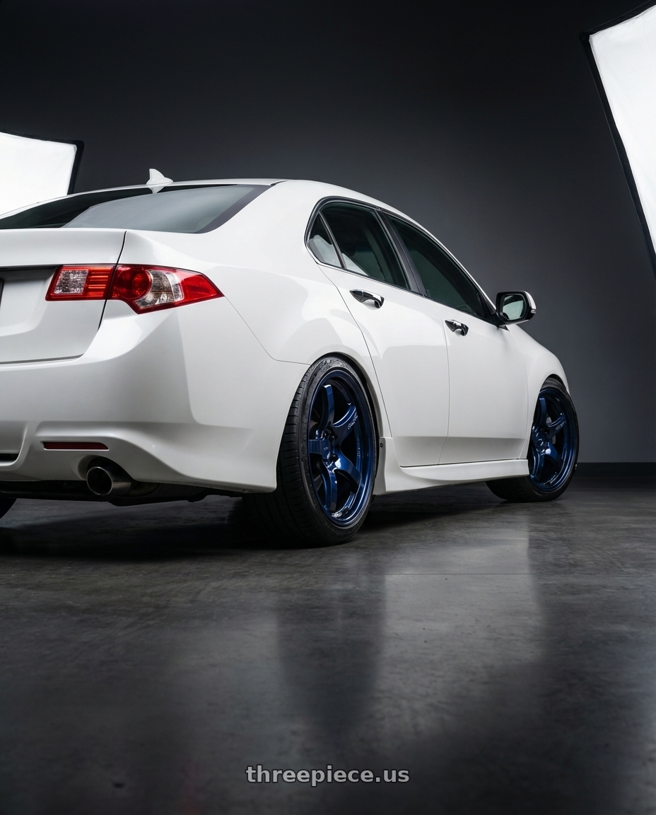 2013 Acura TSX with Gram Lights 57CR 5x114.3 18x9.5+12 Eternal Blue Pearl wheels rear three quarter view square tires