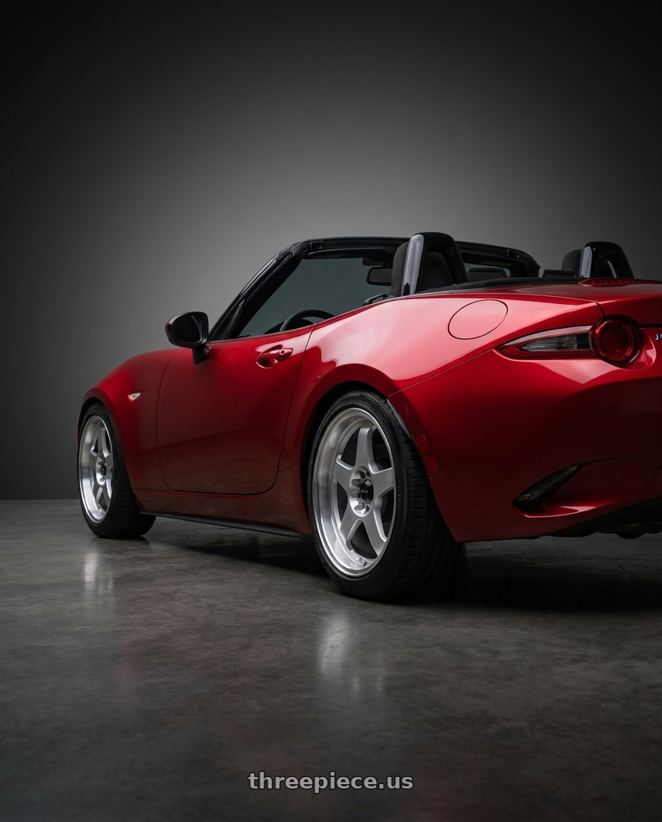 2016 Mazda Miata with Vors SP1 5x100/5x114.3 17x8  +35 Silver Machine Face Lip wheels rear three quarter view square tires