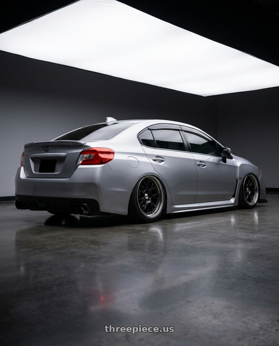 2021 Subaru Wrx premium, silver  with SSR Professor MS3 5x114.3 20x9.5+43 NR Disk Flat Black wheels rear three quarter view slight stretch tires