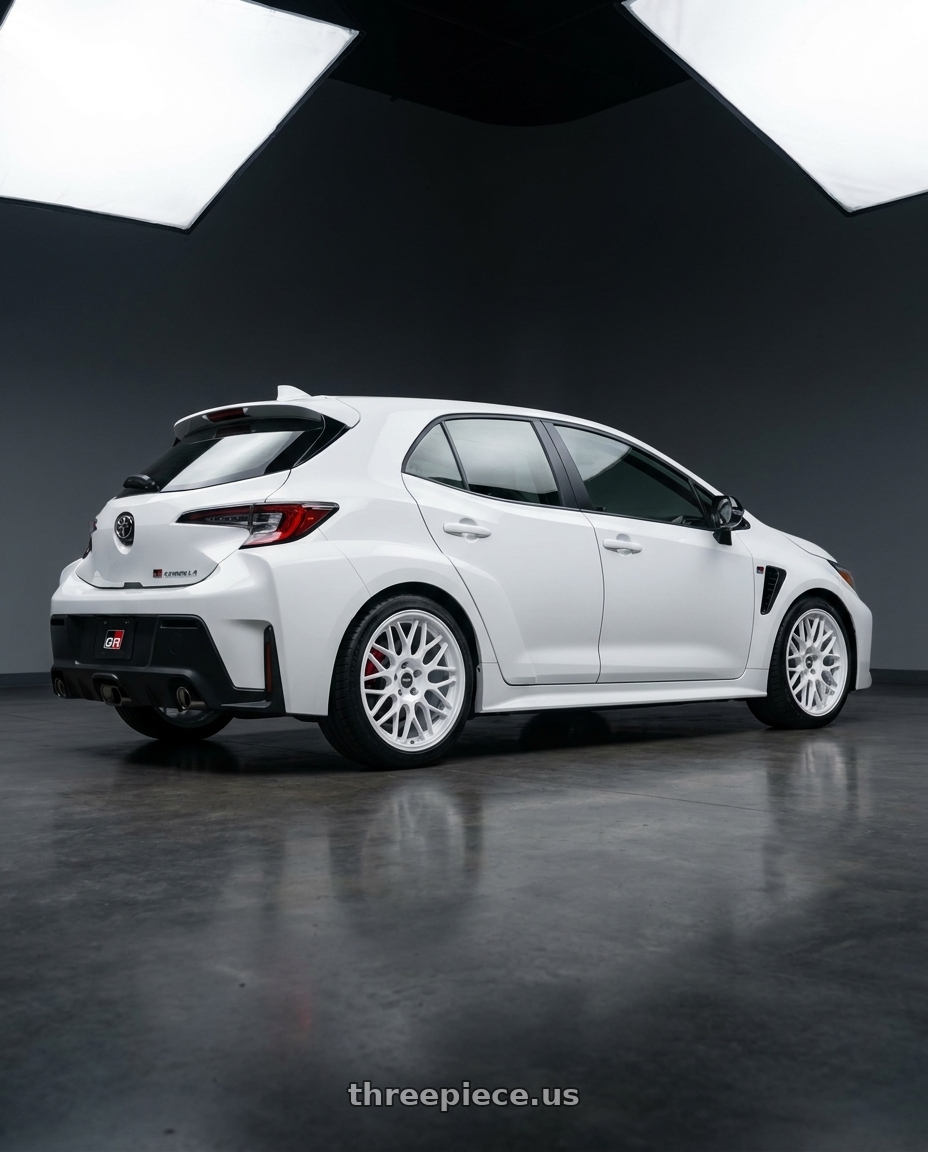 2026 gr corolla with ESR Wheels APEX SERIES APX01 5x114.3 18x8.5 +30 Gloss White wheels rear three quarter view square tires