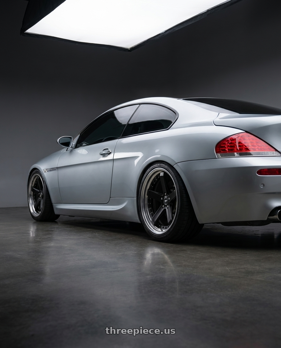 2008 BMW M6 with Work Zeast St2 5x120 20x11+30 R Disk Matte Black wheels rear three quarter view slight stretch tires