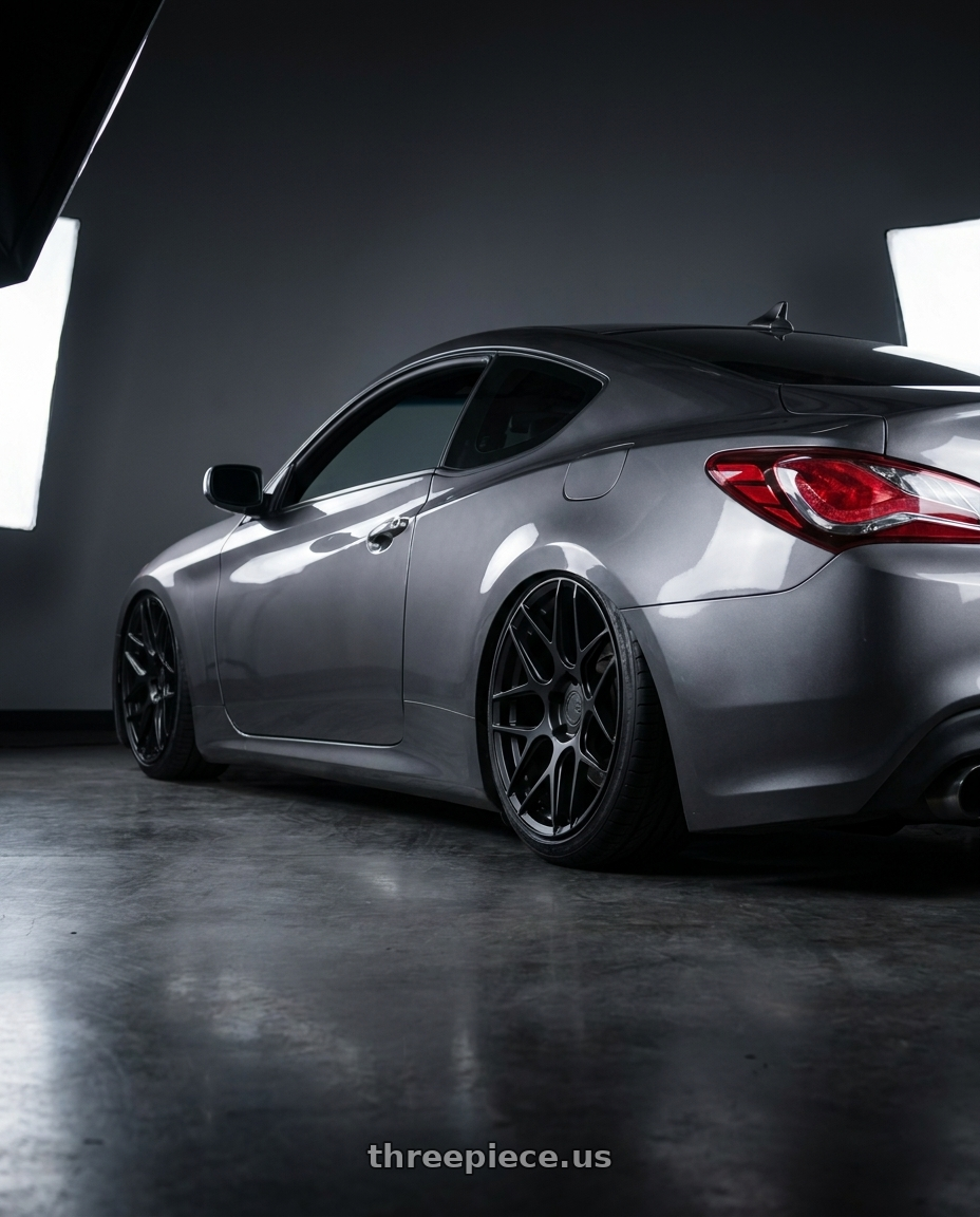 2014 Hyundai Genesis Coupe with Aodhan AFF2 5x114.3 19x8.5+35 Matte Black wheels rear three quarter view slight stretch tires