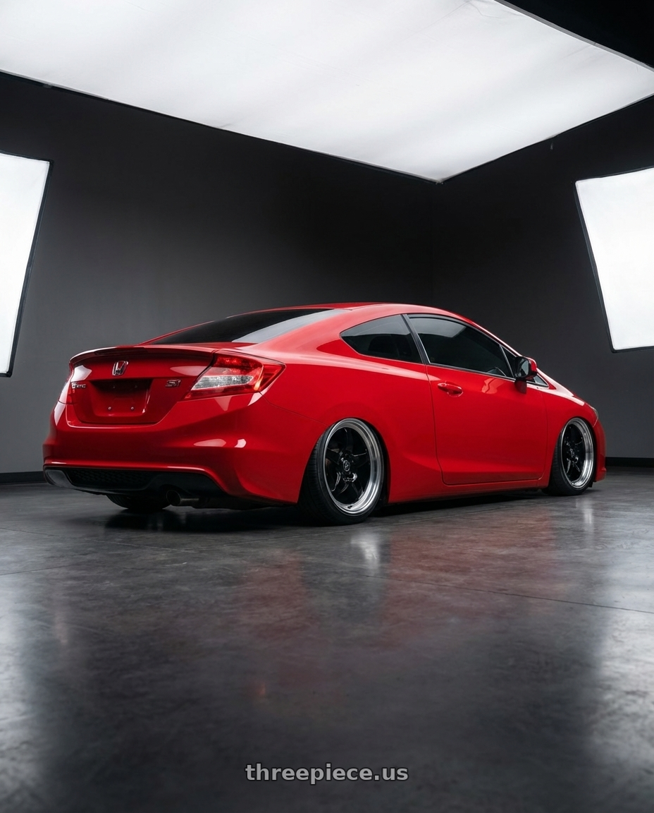 2015 Honda Civic Si with Forgestar D5 Drag 5x114.3 18x10 +42 Gloss Black Machined wheels rear three quarter view slight stretch tires