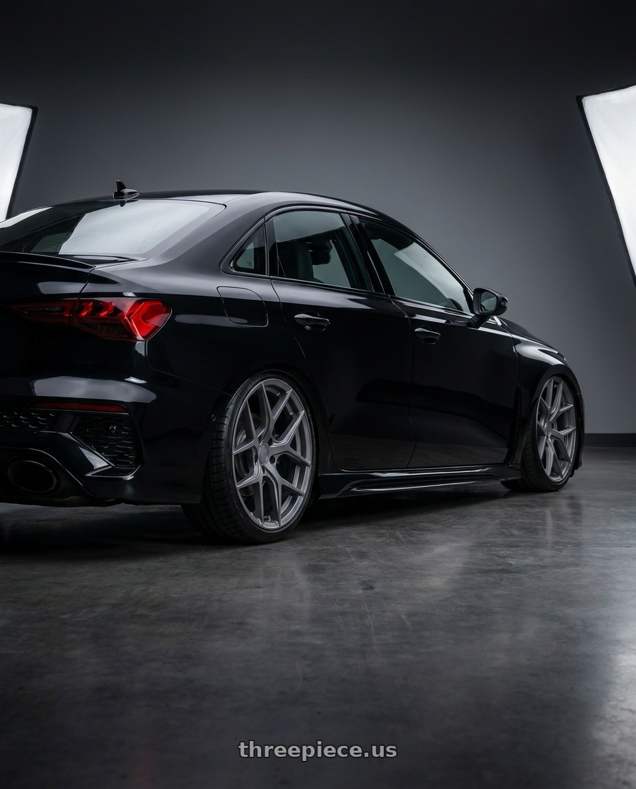 2022 Audi RS3 8Y with Aodhan AFF2 5x112 19x9.5+35 Matte Gray wheels rear three quarter view slight stretch tires