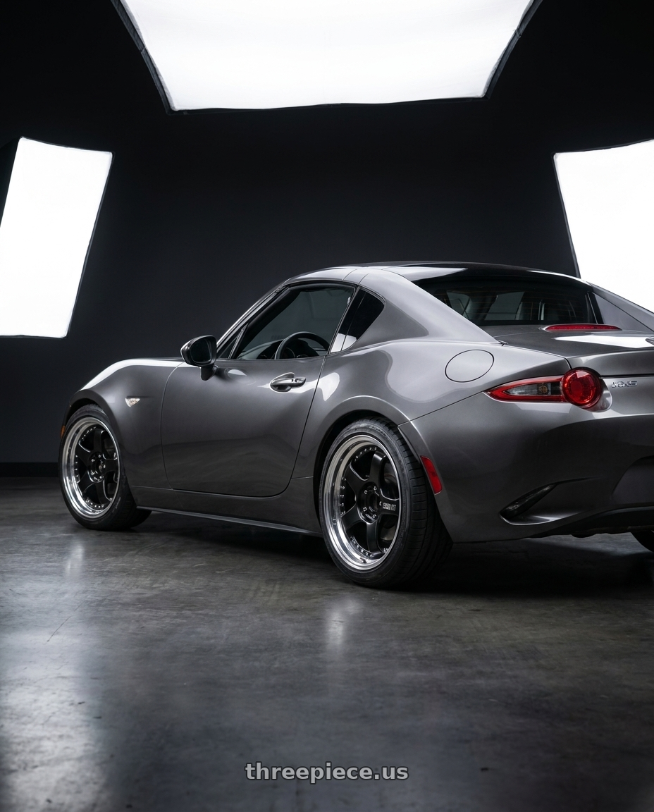 2017 Mazda Miata mx5 RF with SSR Professor SP1 4X100 18X8+37 SL Disk Black wheels rear three quarter view slight stretch tires